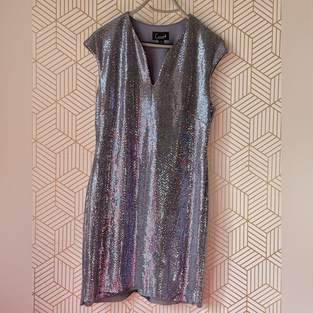 Connected Apparel Silver And Gray Metallic Sleeveless Dress-Size 10